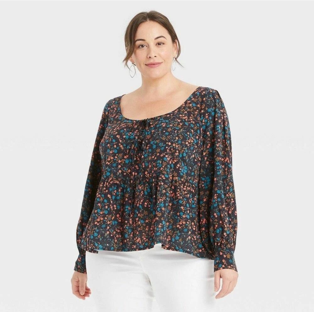 Ava & Viv Plus Size Black Floral Print Boho Long Sleeve Cottagecore Size 3X